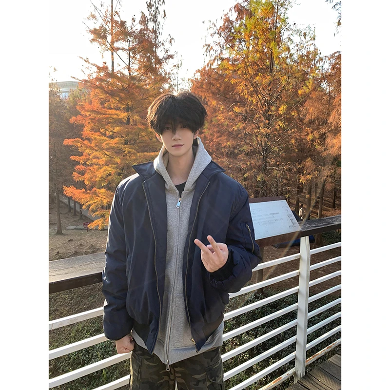 CoolboyBB 藏青色飞行夹克男春秋cleanfit外套短款美式翻领棒球服