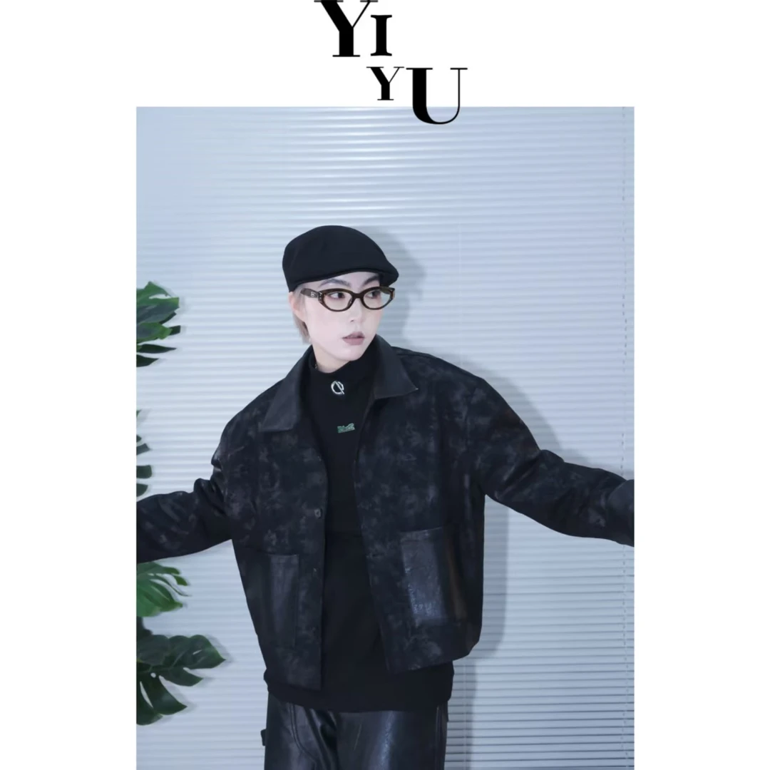 艺遇原创泼墨晕染拼皮解构主义高腰小夹克暗黑先锋个性显高外套