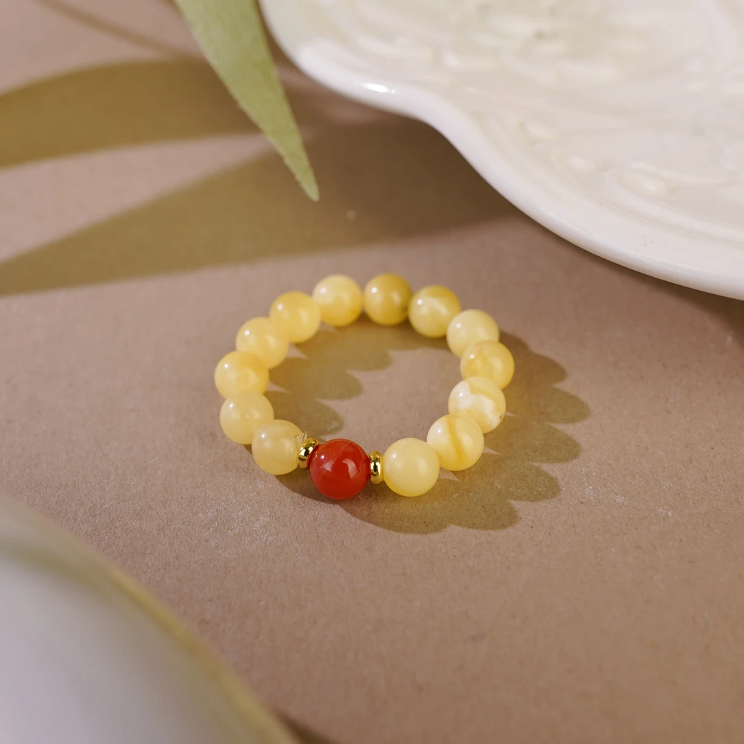 心悦印 A02743琥珀白花蜡圆珠戒圈(多样性发一）