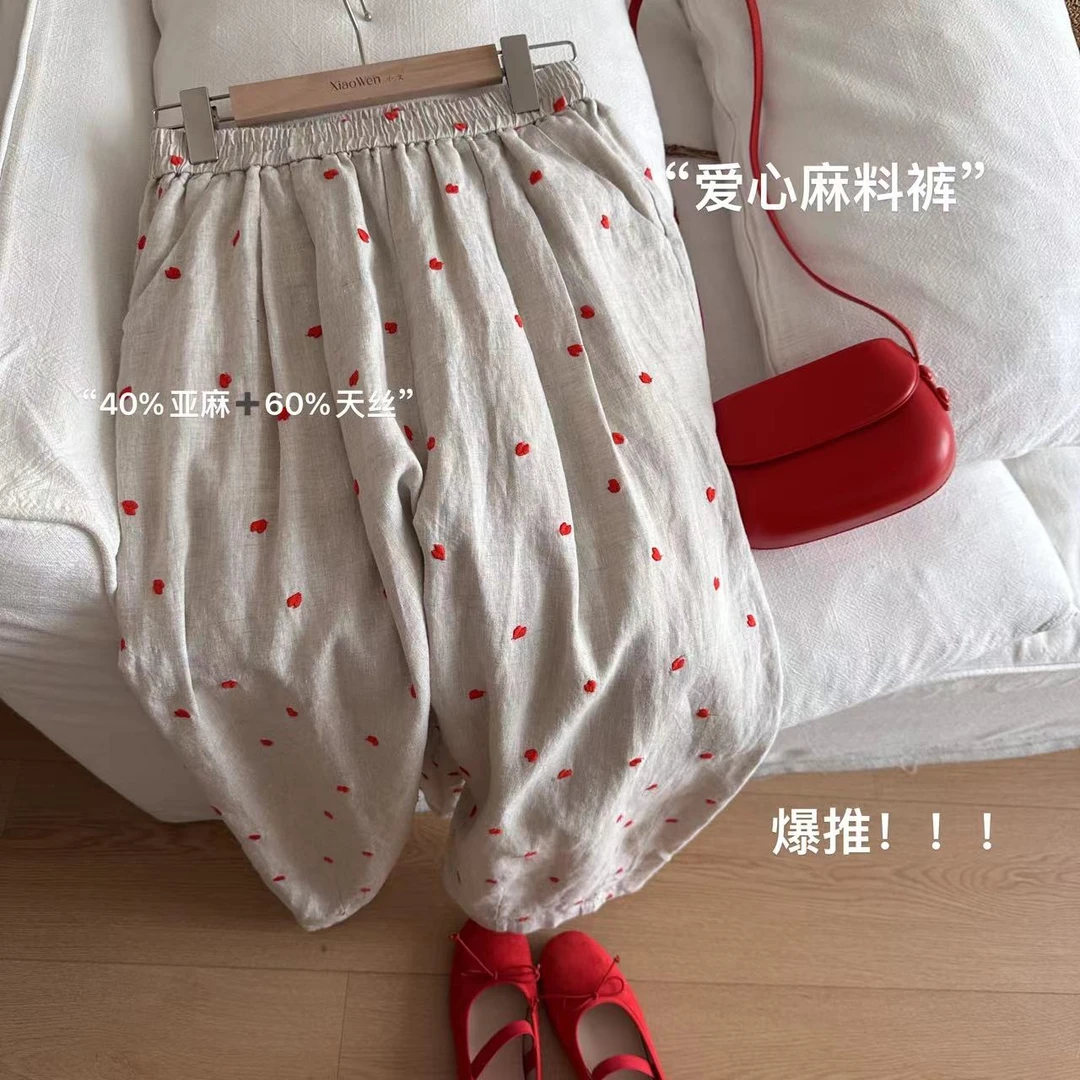 小文姐 W0217-‘爱心麻料裤’夏季直筒休闲时尚高腰高级纯色休闲裤