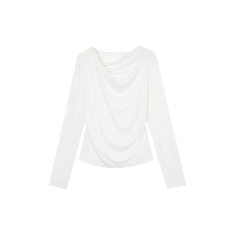 现货【一字肩压褶打底衫女新款显瘦修身T恤 H017】