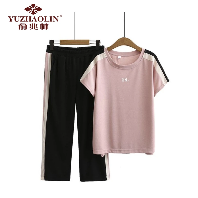 俞兆林中老年妈妈洋气短袖恤上衣女休闲运动服套装夏季两