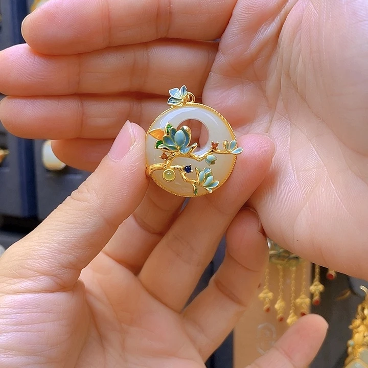 颈饰银S925镀金镶嵌和田玉
