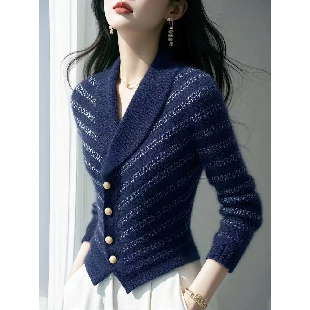蓝色v领羊毛收腰毛衣外套女冬季慵懒高级感外穿纯欲慵懒风女装
