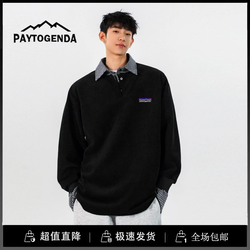 巴塔paytogenda旗舰店格子假两件拼接翻领卫衣男宽松百搭POLO上衣