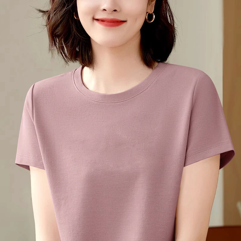 新款重磅260克莫代尔藕粉色百搭夏季宽松纯色显瘦洋气打底衫t恤潮