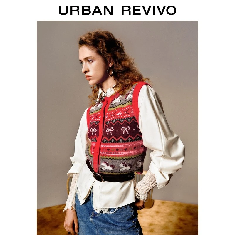 UR2026春季新款女休闲费尔岛撞色提花马甲针织开衫UYL960008+