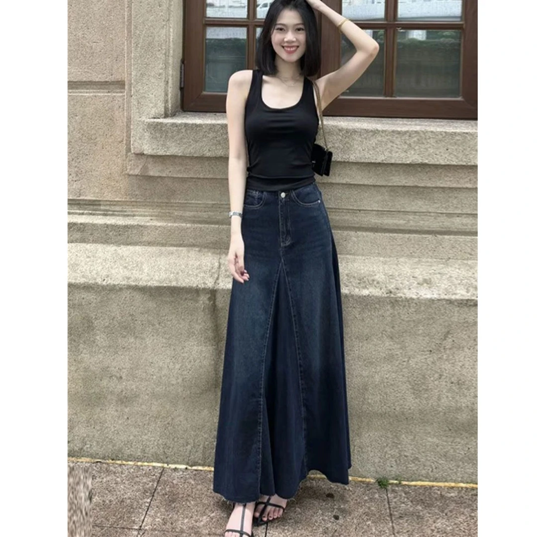 复古深蓝色毛边牛仔半身裙女2025夏季高腰宽松百搭鱼尾大摆中长裙