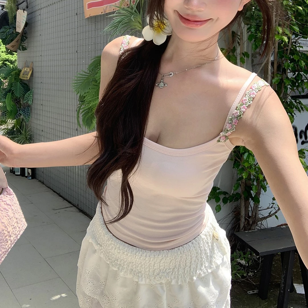 甜辣妹花朵双肩带修身背心夏季新款设计感打底显瘦吊带上衣女ins
