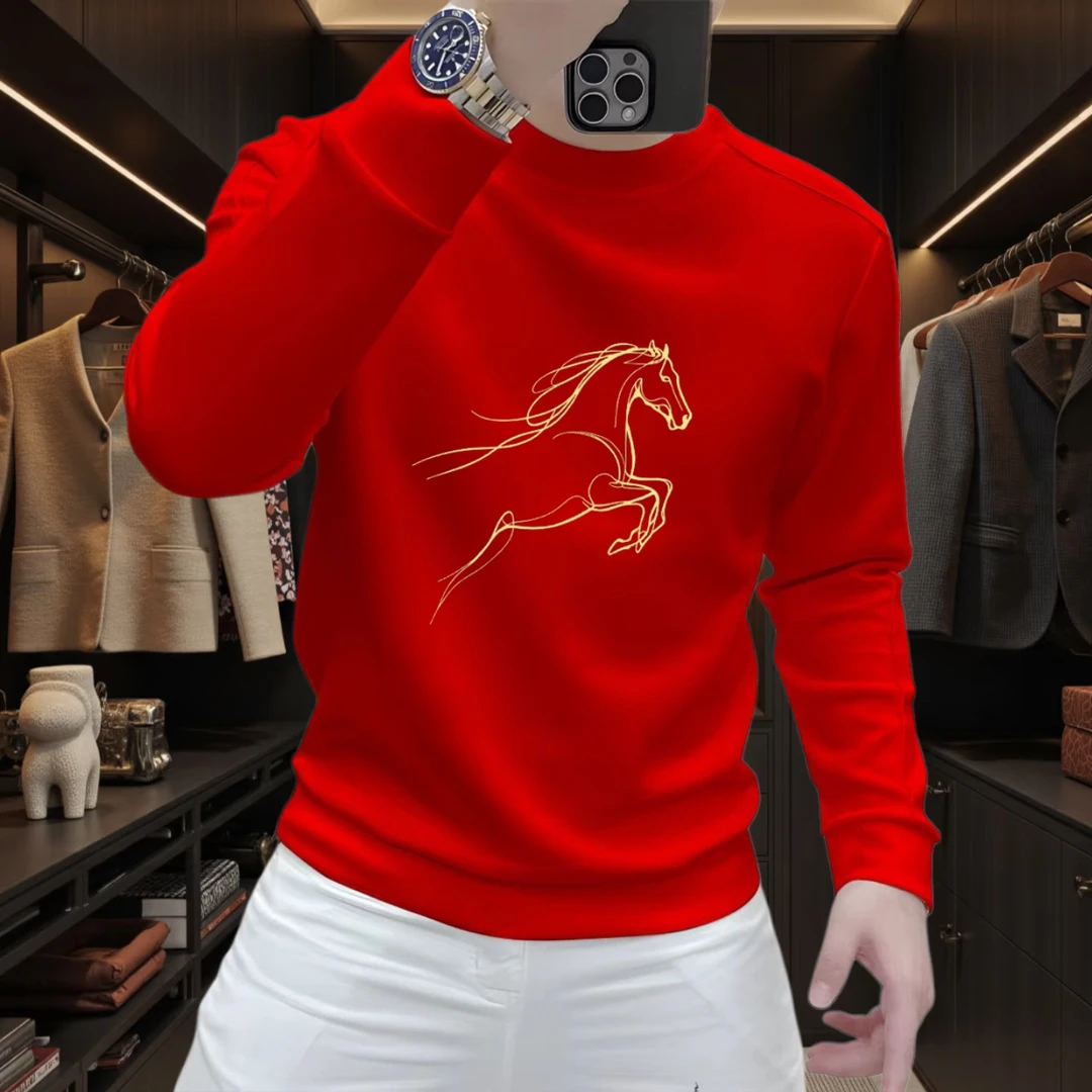 2026马年新款红色金马奔腾潮款长袖秋冬时尚高端加绒套头圆领体恤