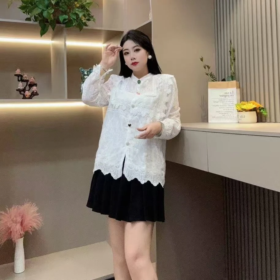 冬季小衫-丫 3905蕾丝压花彩扣设计内衬款设计胖MM大码女装新款