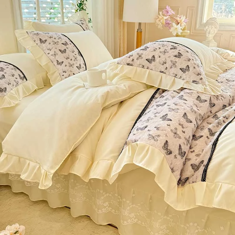 韩式公主风亲肤舒适云感磨毛四件套超柔软花边被套床单少女心床品