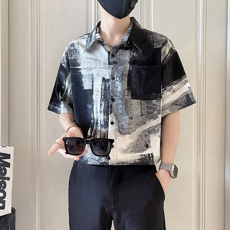 花衬衫短袖夏季薄款2025新款男生上衣英伦痞帅高级感男装休闲衬衣