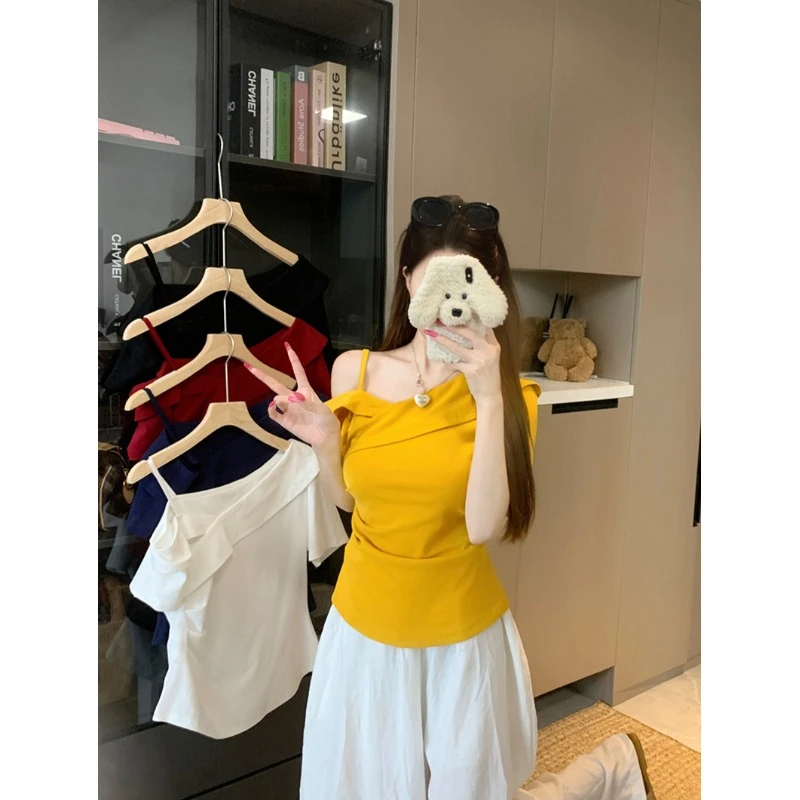 2025夏装新款胖mm大码女时尚纯欲风斜领吊带别致短袖T恤显瘦上衣