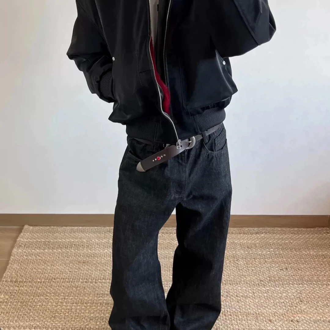 男装韩国新老款黑色边沿窄红边生牛直腿微喇叭宽腿休闲字牛仔裤