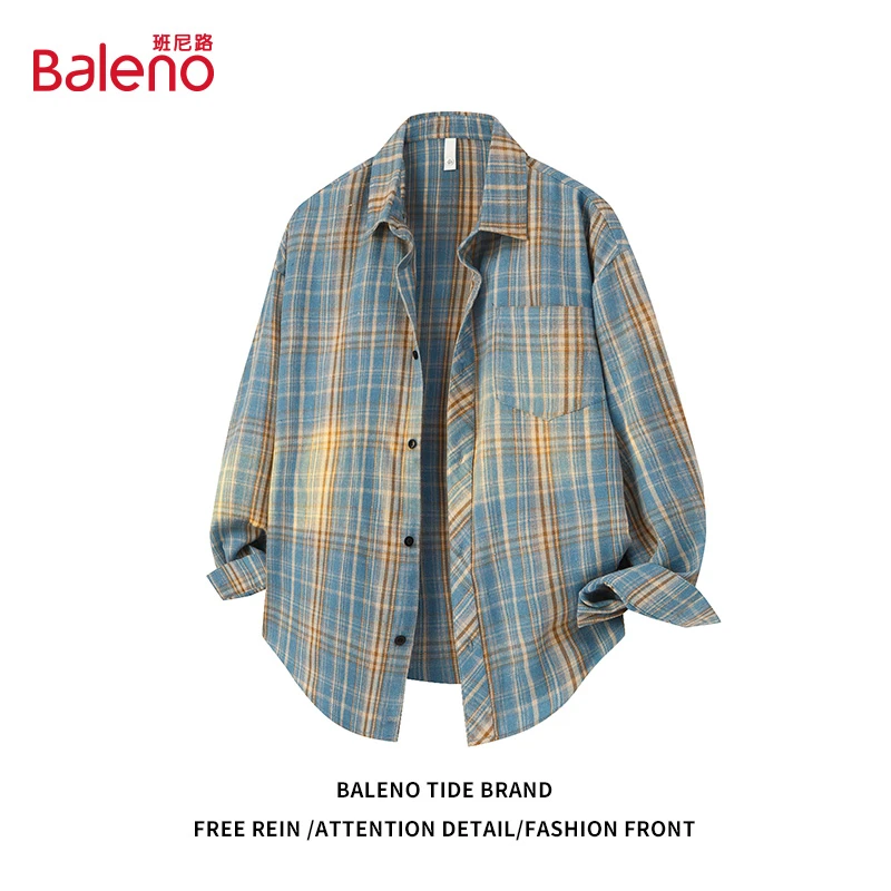 班尼路外套长袖格子翻领衬衫男秋季美式长袖衬衣宽松百搭休闲上衣