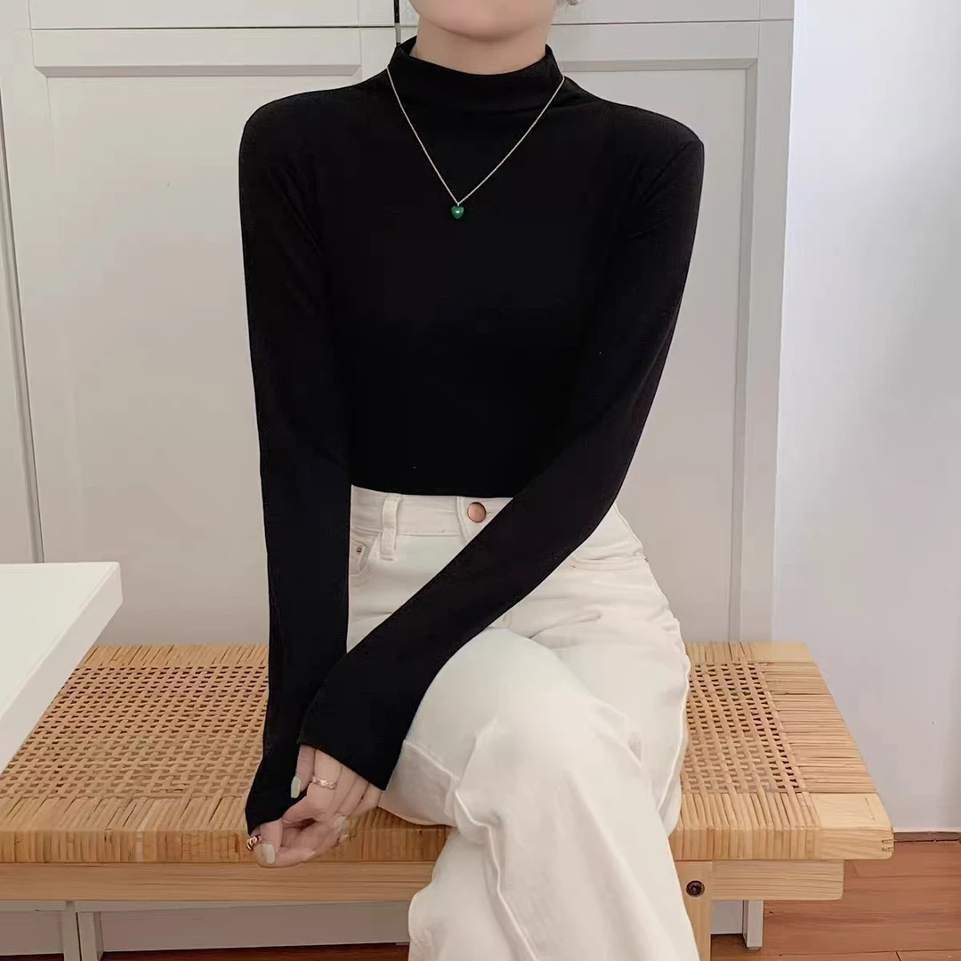 【5个年头】磨毛秋冬半高领黑色打底衫长袖上衣内搭女加绒保暖