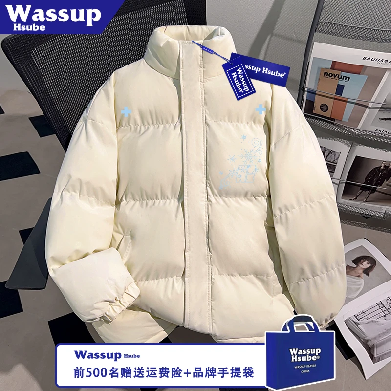 WASSUP HSUBE秋冬潮流原创印花防风拉链米白加厚外套保暖男款棉服