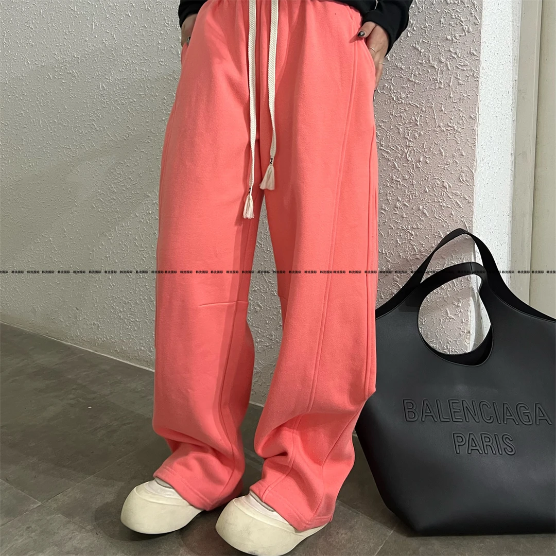 2025新款松紧腰纯棉卫裤潮显高直筒裤女高腰垂感休闲拖地阔腿裤子