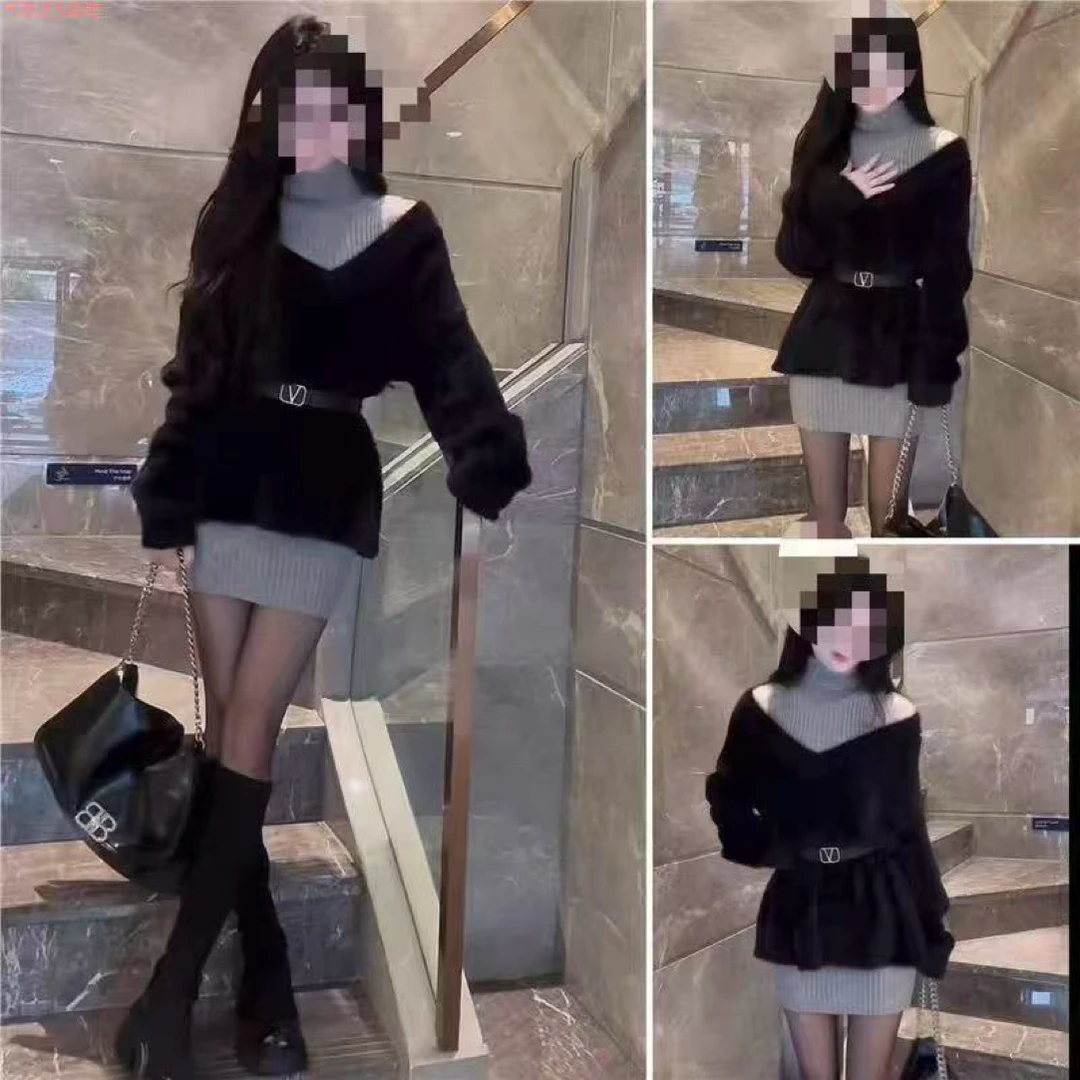 慵懒连衣裙女秋冬2025年新款斜肩性感纯欲宽松针织衫连衣裙7059