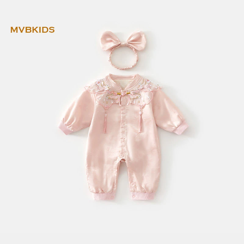 婴儿衣服春装宝宝百天周岁礼服婴幼儿国风抓阄连体衣春秋中式爬服