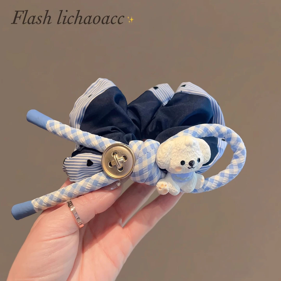 可爱小狗蓝格纹蝴蝶结发圈品质藏青布艺肠圈发绳2025新款百搭头绳