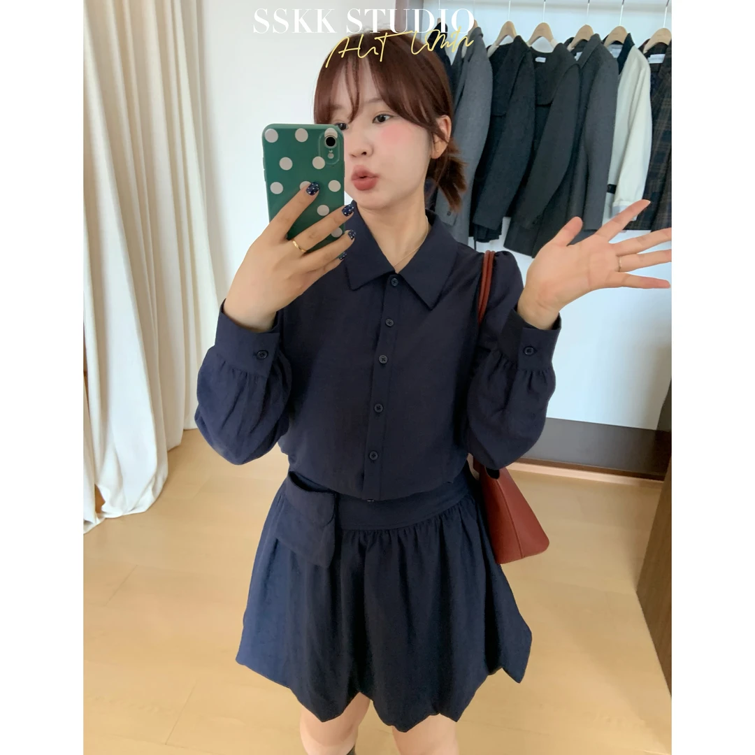 KMZY/KMZY山_山【首尔韩女】微胖韩版设计感收腰气质衬衫+半裙套装