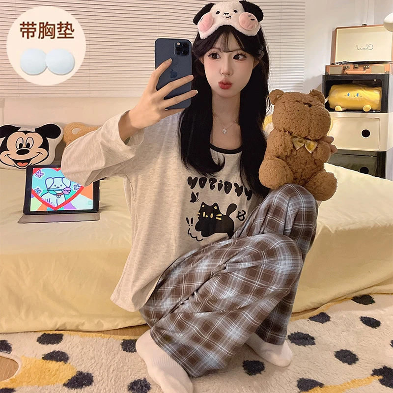 睡衣女款春秋季带胸垫长袖薄款宽松可爱卡通秋冬慵懒家居服可外穿