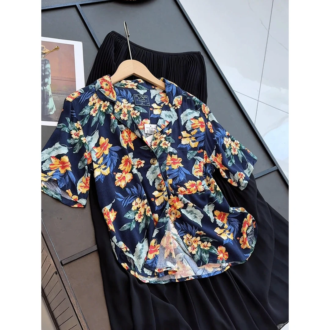 原女装翻领西装领印花口袋宽松短袖衬衫上衣欧美风格气质百搭