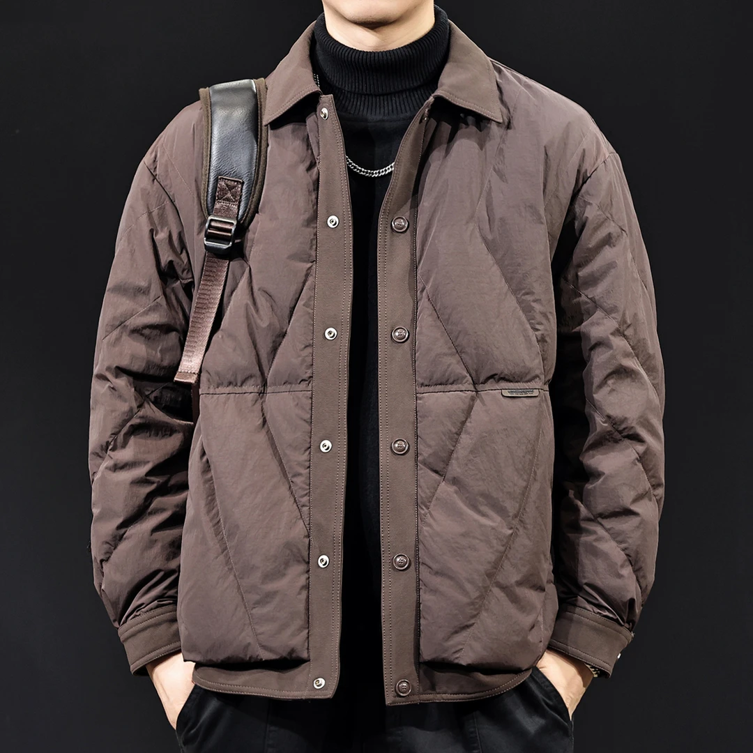 U&PURA2025新款羽绒服男士外套秋冬潮牌翻领拼接轻薄白鸭绒美式