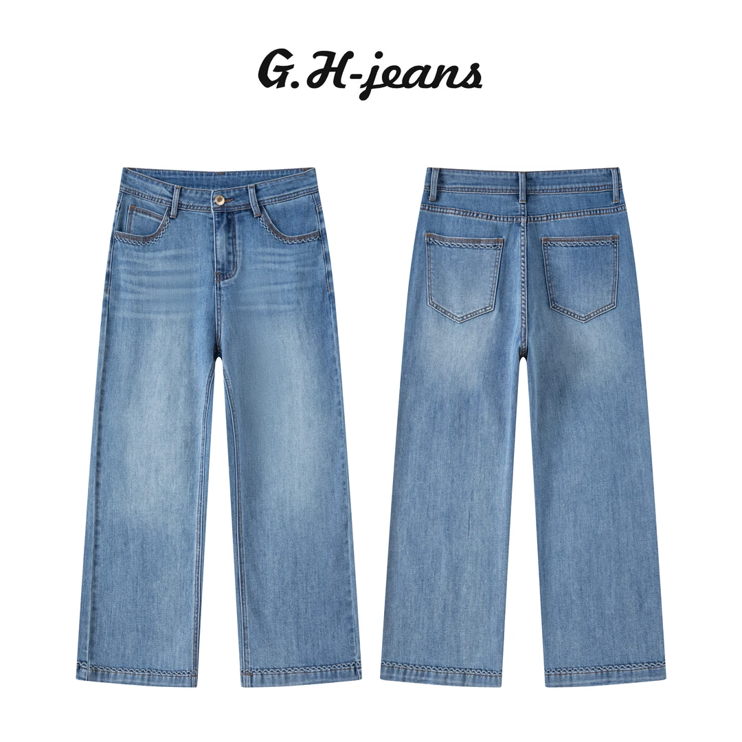 【G.H】夏季新款薄款莱赛尔天丝蝶翅蓝大牌花边绣花工艺直筒牛仔裤