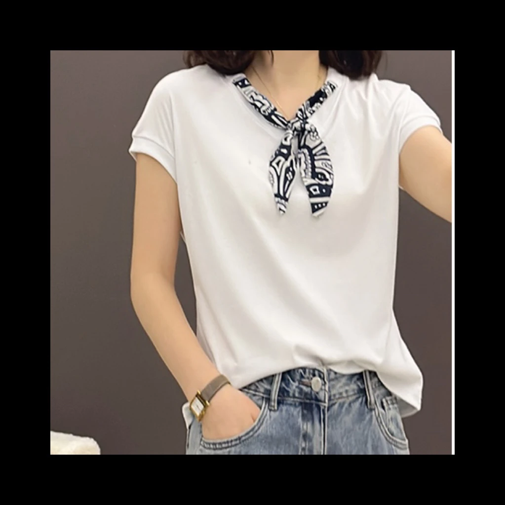 【玫瑰缘】夏季百搭个性设计丝巾小众运动休闲时尚简约飞袖体恤