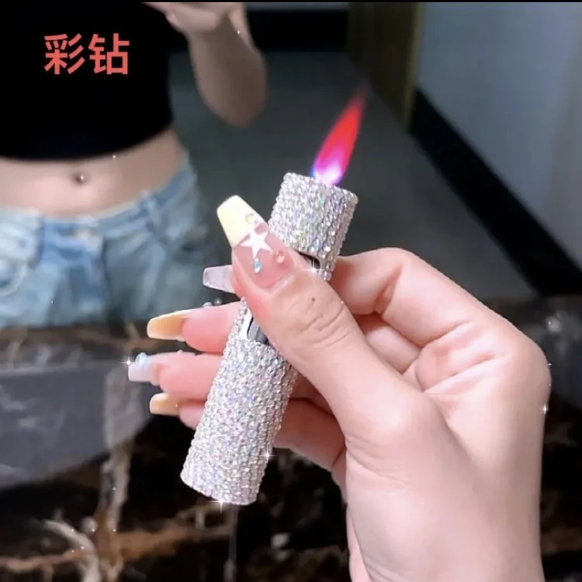 镶钻贴钻水钻圆柱按压粉色火焰防风充气打火机小香风