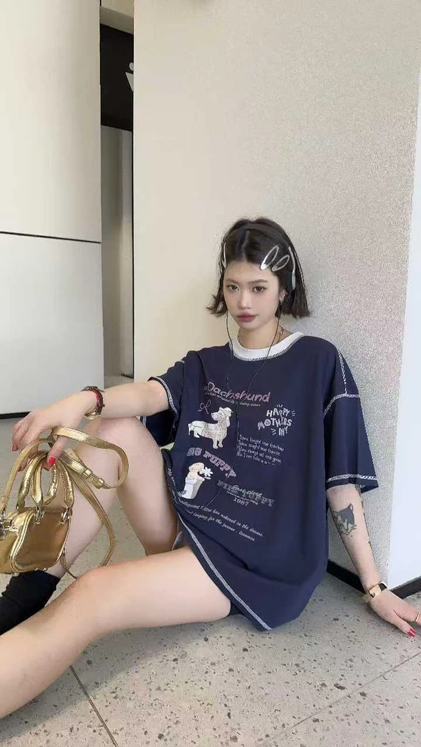 大码时尚夏季新款宽松潮流百搭圆领卡通短袖女（9916-3）