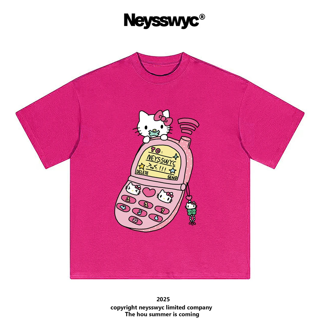NEYSSWYC 【翻盖手机】玫红纯色卡通涂鸦短袖宽松可爱T恤休闲夏新款