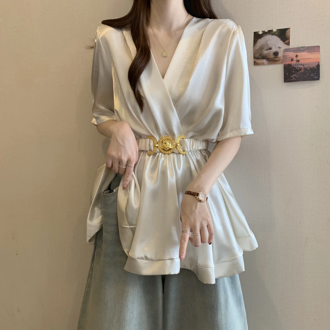 高级感轻奢醋酸缎面V领衬衫女2025大码胖MM气质腰带收腰遮肚上衣