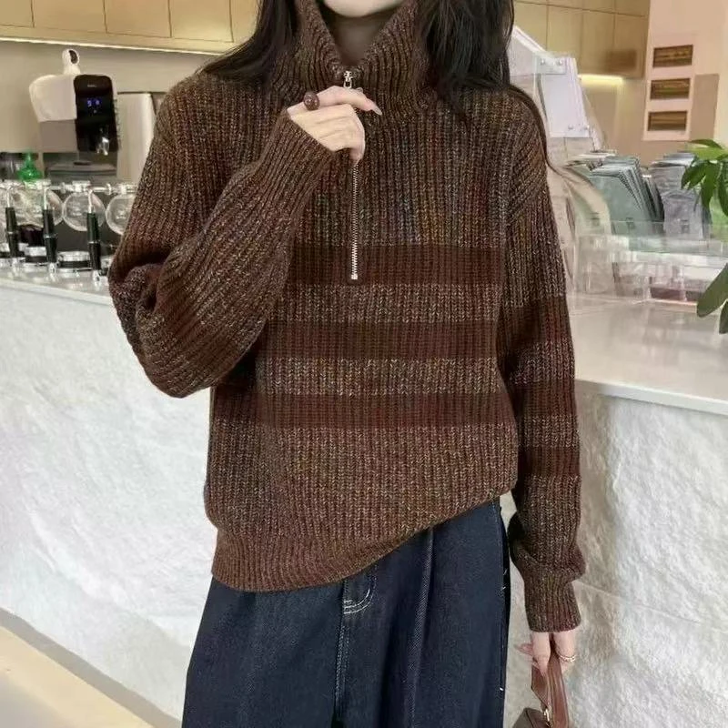 高品质撞色翻领毛衣半拉链条纹加厚宽松韩版花纱毛衣9618