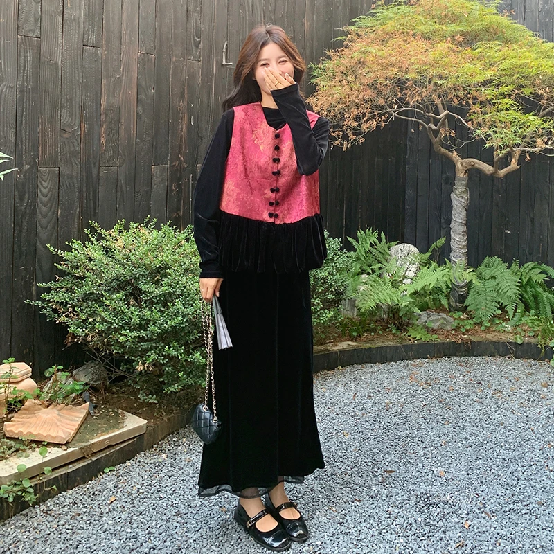 新中式国风马甲丝绒打底衫半身裙三件套2025秋季高级感气质套装女