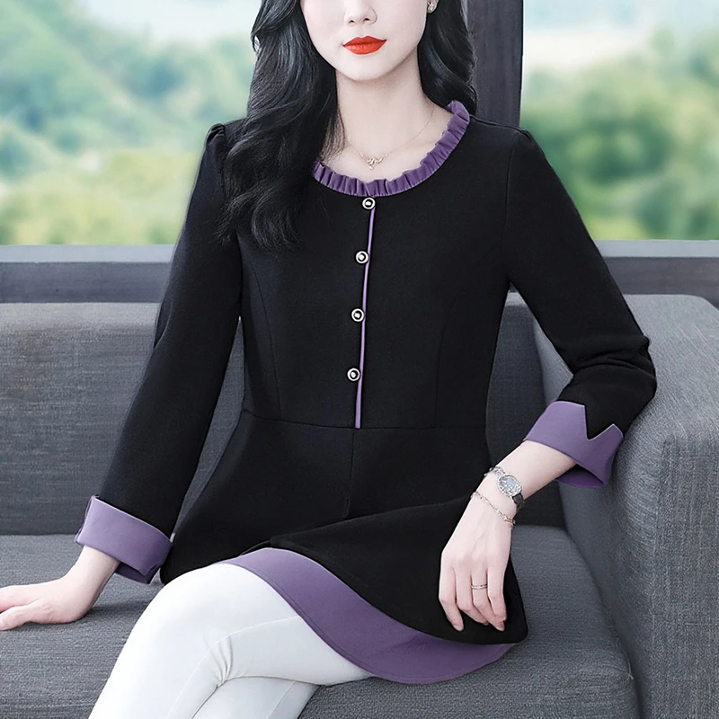 丹思慕大码女装秋季新款显瘦拼色优雅气质时尚百搭上衣ZSX25A0076