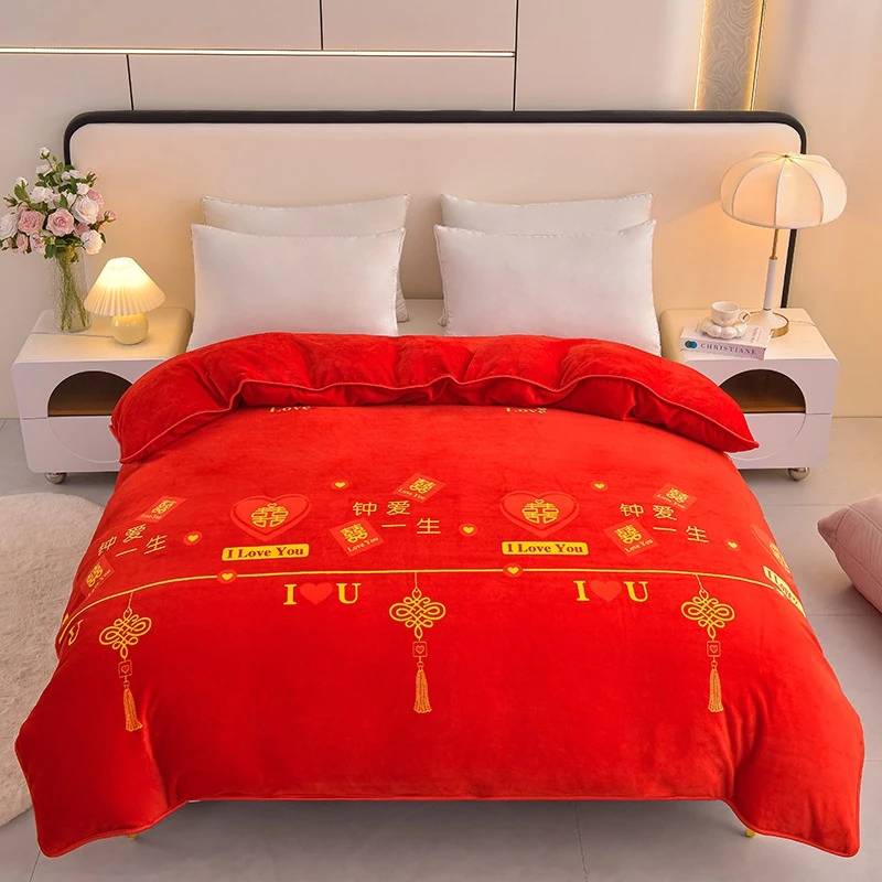 大红加厚牛奶绒金召绒法莱绒单被套150/180/200防滑抗静电不起球