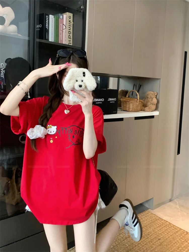 夏季宽松t恤kitty猫休闲圆领休闲ins风设计感短袖韩版百搭上衣女