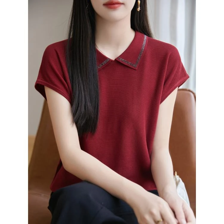 女士烫钻娃娃领翻领衬衫领短袖宽松休闲气质上衣CX108