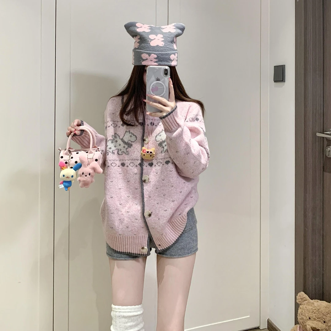 费尔岛毛衣慵懒高级感宽松针织开衫外套女秋冬季2025新款粉色上衣