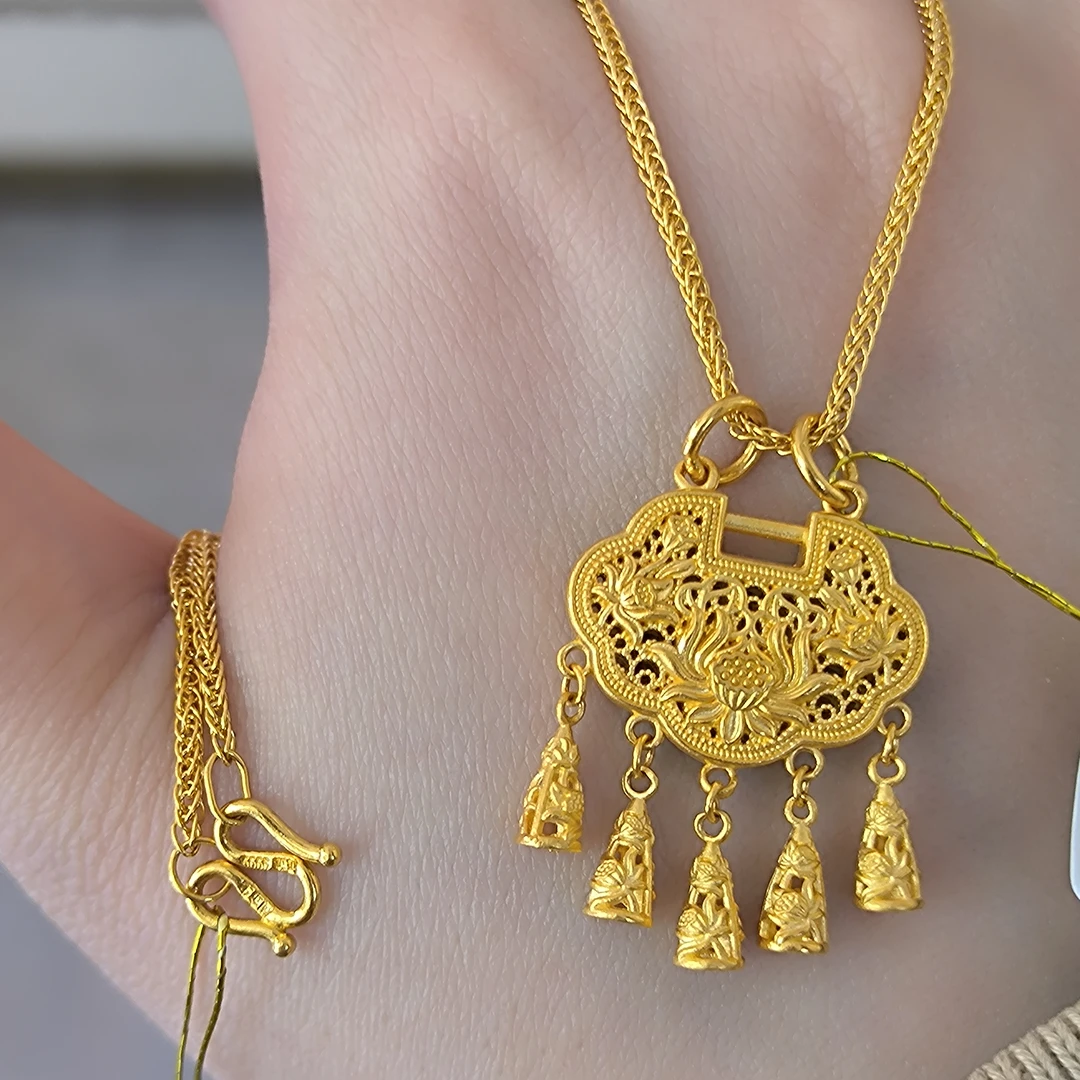 13.18g周金生[同心莲璎珞锁]新中式风铃流苏平安锁黄金项链情人节