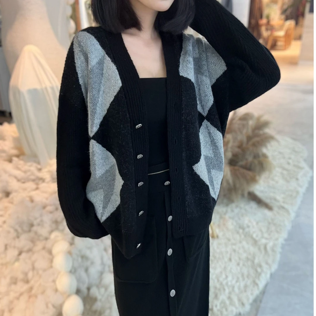 NONHUMAN闪电撞色时尚羊绒气质拼接慵懒条纹毛衣宽松开衫复古秋冬