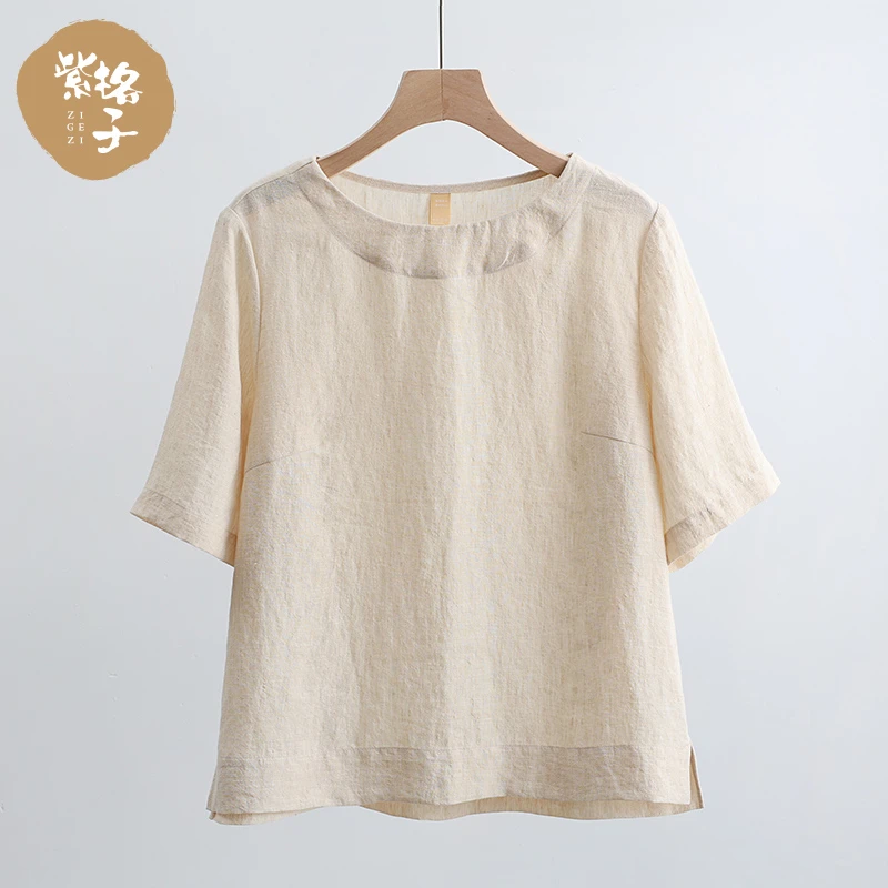 汉麻T恤女2025夏季新款亚麻中袖衬衫女宽松显瘦休闲小衫文艺上衣