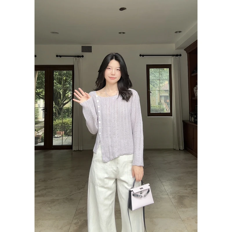 郭九九呢 设计感气质宽松显瘦针织开衫高腰直筒阔腿裤 G925Z14626