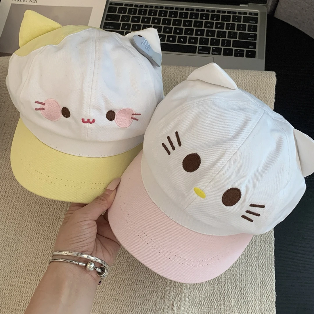 可爱卡通小猫耳朵贝雷帽女甜美百搭八角帽大头围显脸小画家帽子潮