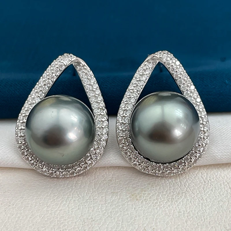 11-12mm925银大溪地黑珍珠耳环耳钉海水耳饰精致大气多样性发一