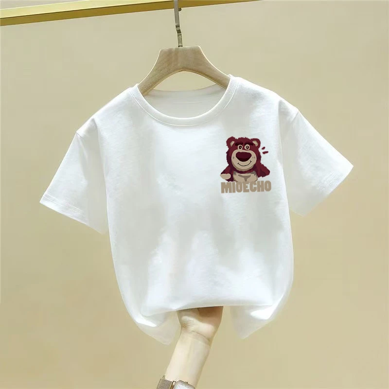 草莓熊烫印卡通短袖不起球T恤几何印花T恤ins纯色韩版日系t恤男童